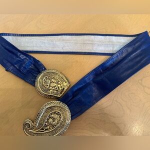 Vintage 1980s the Leather Shop blue leather cinch belt with brass buckle